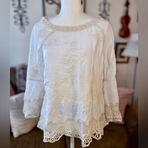 Democracy Boho Lagenlook Cottagecore Spring Embroidered Top Shirt Blouse
